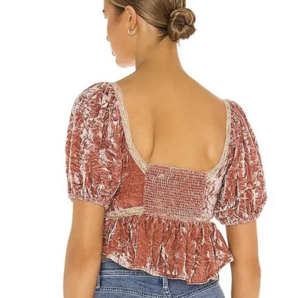 Free People Yours Truly Cropped Velvet Lace Trim Low Cut Top Size Medium - Picture 2 of 13